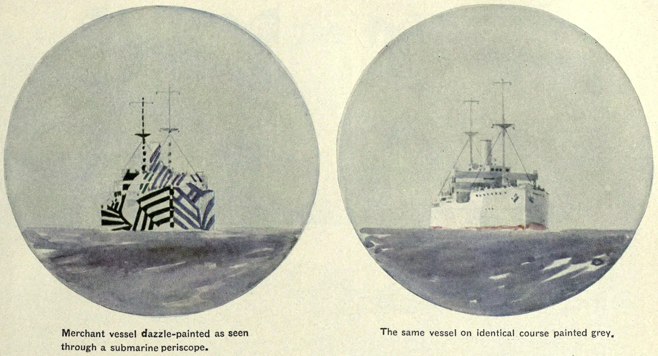 Artist depiction of how dazzle camouflage appears through a submarine periscope