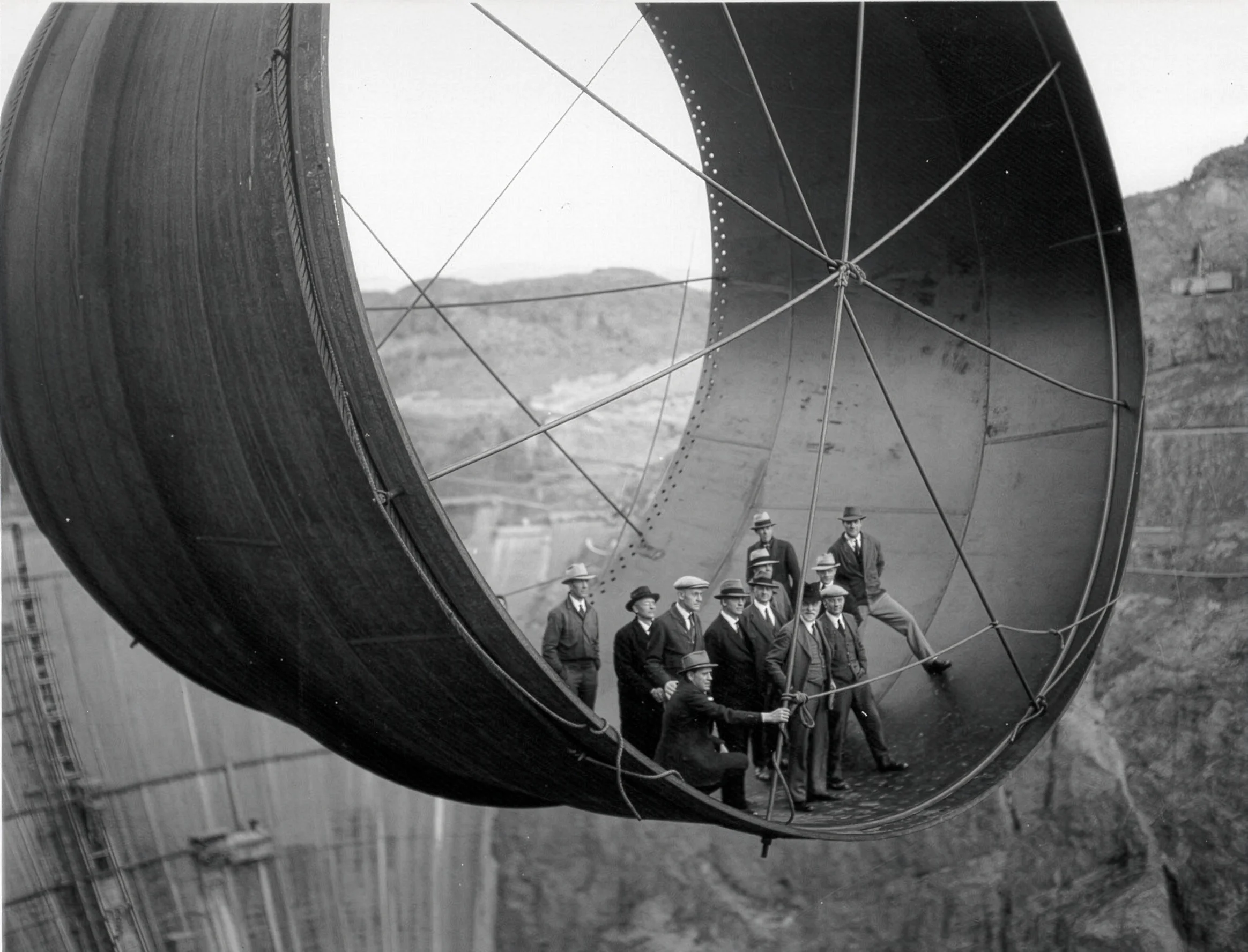 Officials ride in one of the penstock pipes